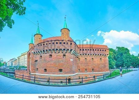 Krakow, Poland - June 11, 2018: Panoramic View On Medieval Barbakan, The Important Defensive Structu