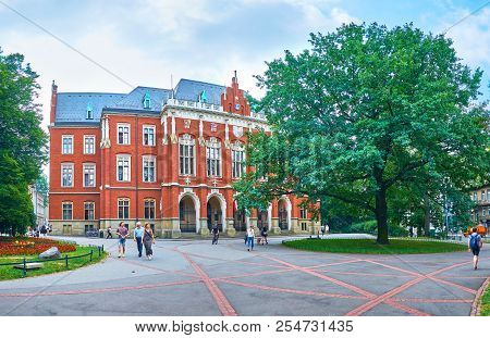 Krakow, Poland - June 11, 2018: The Frontage Of Collegium Novum, That Is The Most Beautiful And The 