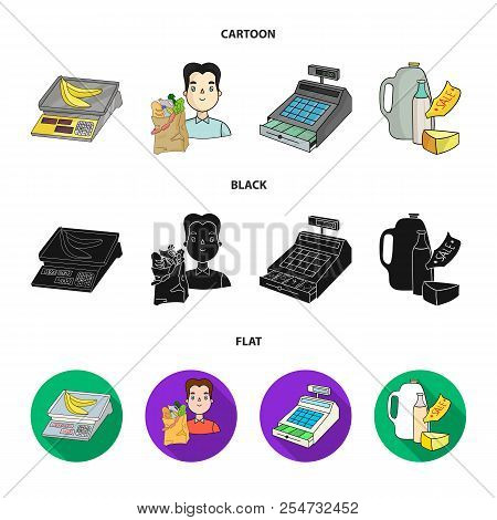 Package, Scales, Banana, Fruit .supermarket Set Collection Icons In Cartoon, Black, Flat Style Vecto