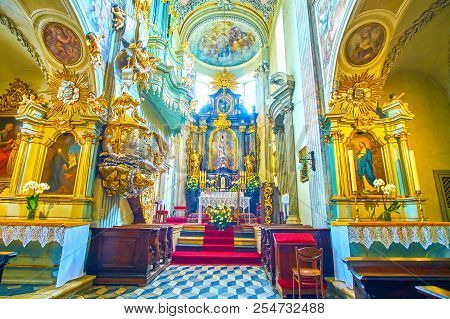 Krakow, Poland - June 11, 2018: Beautiful Interior Of St Andrew Church Decorated With Carved Plaster