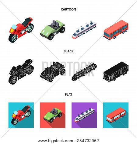 Motorcycle, Golf Cart, Train, Bus. Transport Set Collection Icons In Cartoon, Black, Flat Style Vect
