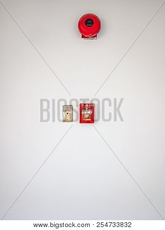 Fire Alarm On White Wall Texture Background,safety Frist Concept