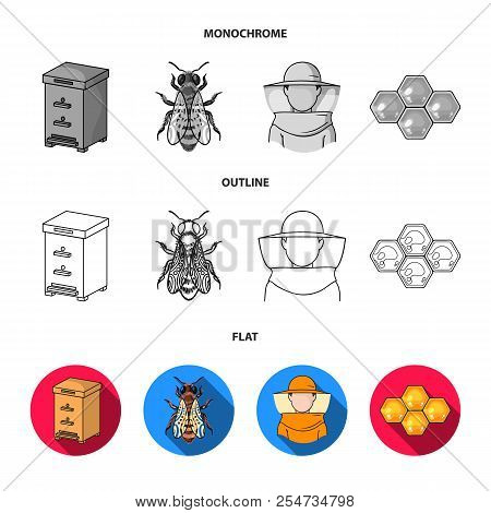 The Bee, The Bee-keeper In The Mask, The Honeycomb Of The Honey.apiary Set Collection Icons In Flat,