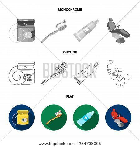Dental Floss, Toothbrush, Toothpaste, Dental Chair. Dental Care Set Collection Icons In Flat, Outlin