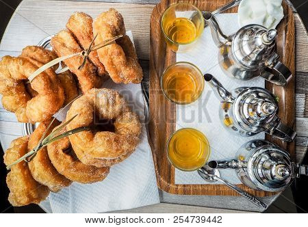 Traditional Fresh Baked Donuts With Tea In Morocco