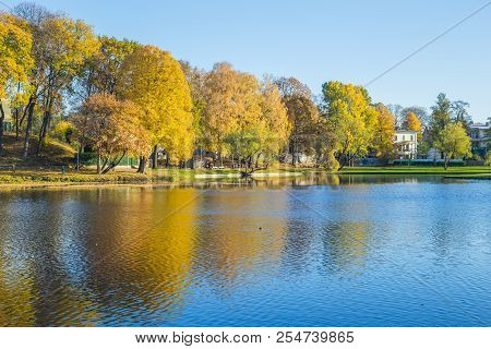 Pond In Riga, District Agenskalsns. Autumn, Yellow Tree Leaves, Lake And Reflection. 2017