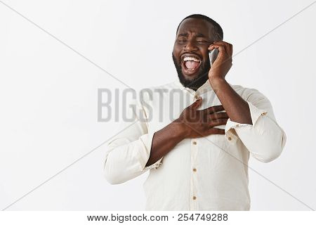 Lmao What A Funny Story. Amused Happy And Joyful Attractive African American Laughing Out Loud From 
