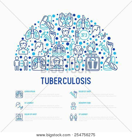 Tuberculosis Concept In Half Circle With Thin Line Icons: Infection In Lungs, X-ray Image, Dry Cough