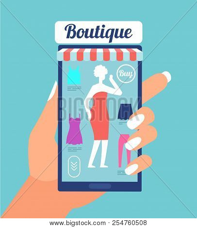 Online Fashion Store. Clothes Shop App On Mobile Phone Screen. Fashion Shopping Mobile Retail Vector