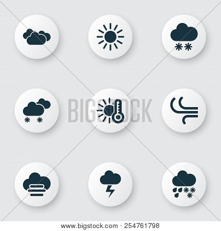 Climate Icons Set With Hail, Sunny, Temperature And Other Synoptic Elements. Isolated  Illustration 