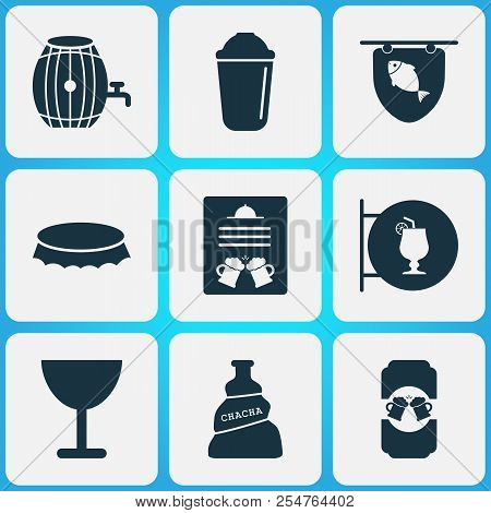Alcohol Icons Set With Cocktail Sign, Poster, Bottle Cap And Other Drink Mixer Elements. Isolated Ve