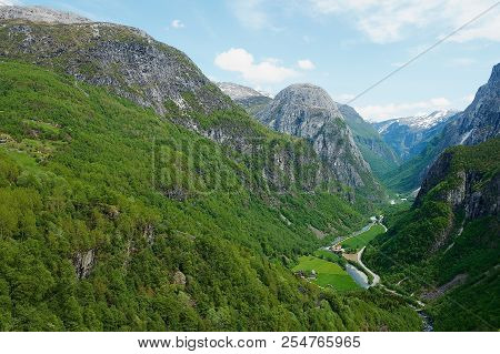 Beautiful Scenic View To The Naeroydalen Valley From The Stalheim Route In Voss, Norway.
