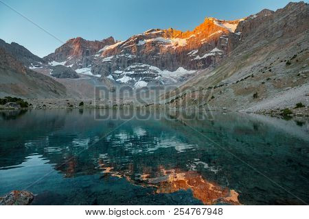 Beautiful serene lake in  Fann mountains (branch of Pamir) in Tajikistan.