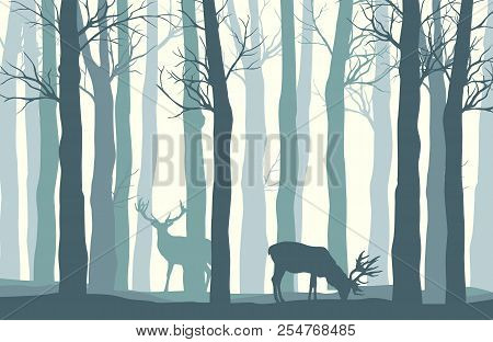 Vector Forest Landscape With Two Deer In Pastel Tones - Vintage Background