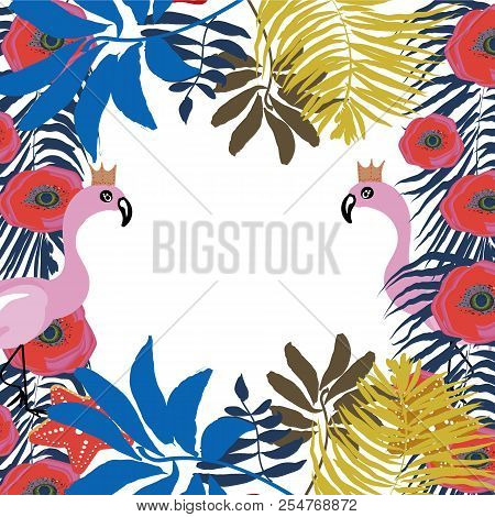 Summer Party Event Poster Card Template. Exotic Flamingo Birds Couple Wearing Crown. Tropical Monste