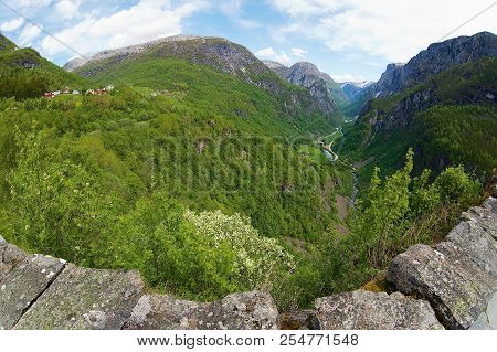 Beautiful Scenic View To The Naeroydalen Valley From The Stalheim Route In Voss, Norway.
