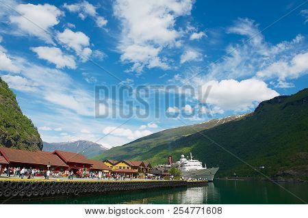 Flam, Norway - June 07, 2010: Boats Tied At The Flam Railway Station Pier In Flam, Norway.