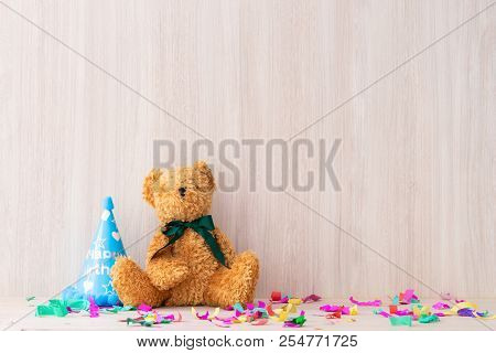 Teddy Bear On A Romactic Party Table Shelf Copy Space