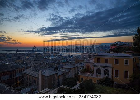 Genoa (genova), Italy,  January, 24, 2017 - View Of The Port At Night Of Genoa (genova), Italy