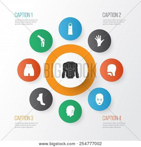 Physique Icons Set With Face, Chest, Oral Cavity And Other Breath Elements. Isolated Vector Illustra