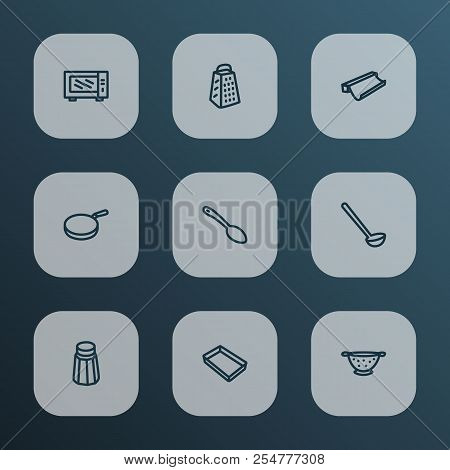 Kitchenware Icons Line Style Set With Ladle, Baking Sheet, Grater And Other Skillet Elements. Isolat