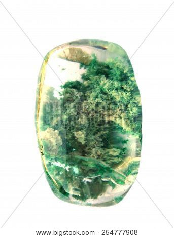 Chlorite, Quartz With Chlorite Crystal Gemstone. Transparent With Green Blotches. Isolated On White 