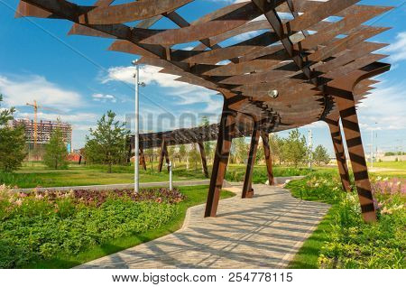 Moscow, Russia - July 06, 2018: Tufeleva roscha architecture park in Moscow. Summer day at landscape park walk