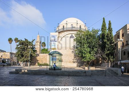 Jerusalem, Israel, August 18, 2018 : Square In Front Of The Hurva Synagogue And The Menorah Early Mo