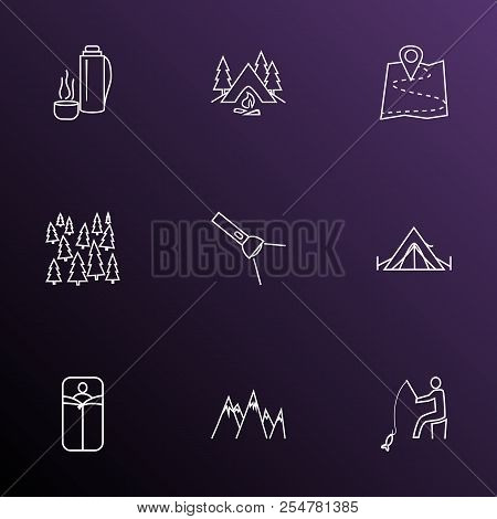 Camping Icons Line Style Set With Sleeping Bag, Forest, Camping And Other Bedroll Elements. Isolated