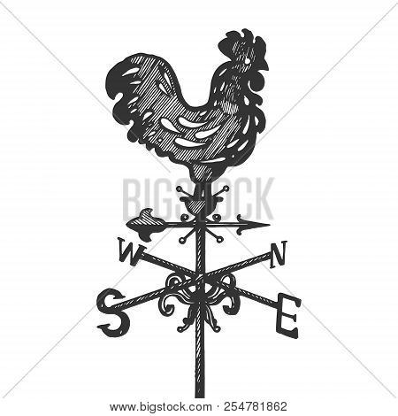 Weather Vane Rooster Engraving Vector Illustration. Scratch Board Style Imitation. Black And White H