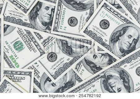 Stack Of One Hundred Dollar Bills. Stack Of Cash Money In Hundred Dollar Banknotes. Heap Of Hundred 