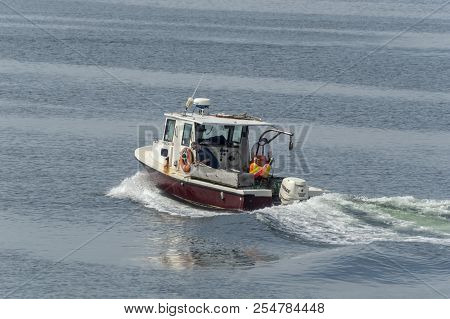 New Bedford, Massachusetts, Usa - June 2, 2018: Small Lobster Boat Heading Toward Buzzards Bay With 