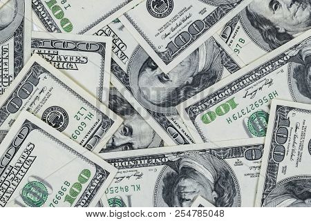Stack Of One Hundred Dollar Bills. Stack Of Cash Money In Hundred Dollar Banknotes. Heap Of Hundred 
