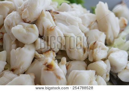 Full Plate Of Fresh Crab Meat Of Boiled Stone Crab Decorated With Vegetable Side Dish, Cheliped Of T