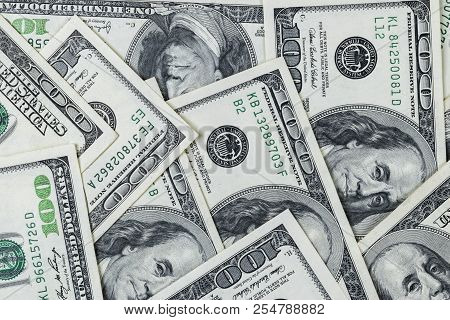 Stack Of One Hundred Dollar Bills. Stack Of Cash Money In Hundred Dollar Banknotes. Heap Of Hundred 