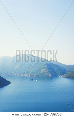Boko-kotorska Bay In Montenegro. Epic Arial View Of The Island Of Saint George Island And The Roman 