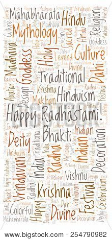 Happy Radhastami Vertical In Banner Form Word Cloud. Wordcloud Made From Letters And Words Only.