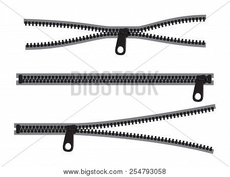 Closed, Opened And Broken Zipper Set. Isolated Vector Clothes Accessory.