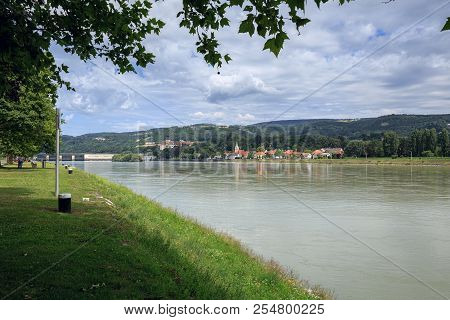 Danube River. View Of The Town Of Persenbeug With The Medieval Persenbeug Castle And Hydroelectric P