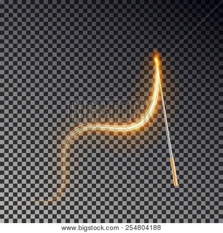 Magic Wand Vector. Transparent Miracle Stick With Glow Yellow Light Tail Isolated On Dark Background