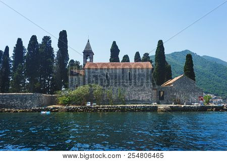 Boko-kotorska Bay In Montenegro. View Of The Island Of Saint George Island And The Roman Catholic Ch