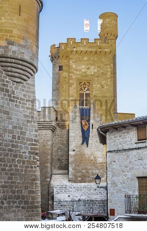 Main Tower Of The Castle Of Olite With Its Banners. Navarre Spain