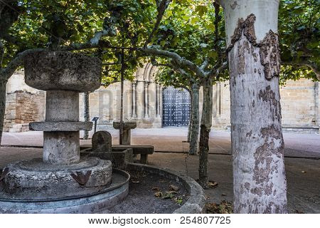 Old Fountain In Front Of The Entrance Of San Pedro Church, Medieval City Of Olite.navarre Spain
