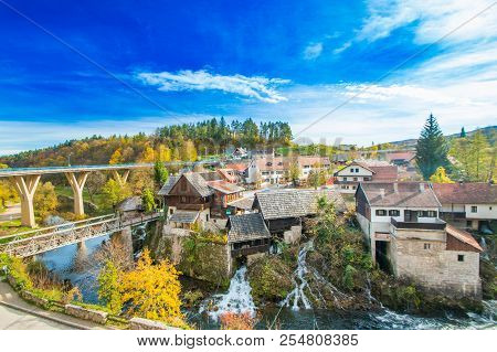 Rastoke, Slunj, Croatia, Bridge Over Korana River Canyon And Beautiful Traditional Village With Old 