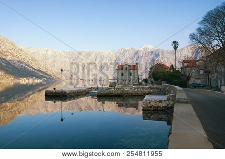 Winter Mediterranean Landscape. Montenegro, Bay Of Kotor, Adriatic Sea. View Of Seaside Village Of S
