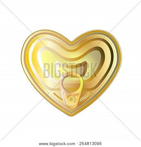 Gold Tin Can Heart With Ring Pull, Top View. Vector Illustration. Packaging Perfect Symbol That Repr
