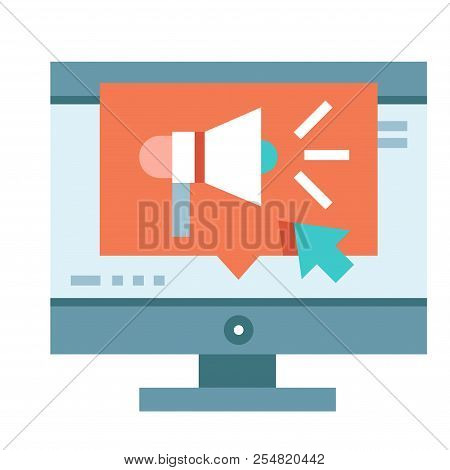 Computer Screen With A Speakerphone Icon Vector Illustration In Flat Color Design