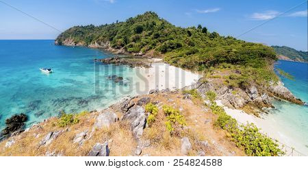 Panorama Aerial View point of Tropical white sand beach and snorkel point at cockburn island andaman sea indian ocean Myanmar and Thailand.