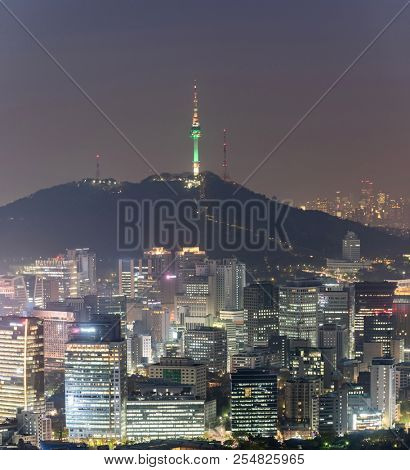 Aerial Sunset and Night view of Seoul Downtown cityscape with Seoul Tower in South Korea