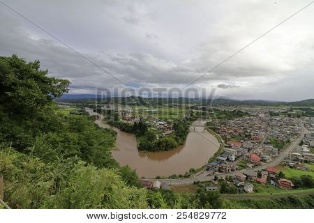 Mogami River, View From Tateyama Park In Sagae, Yamagata, Japan